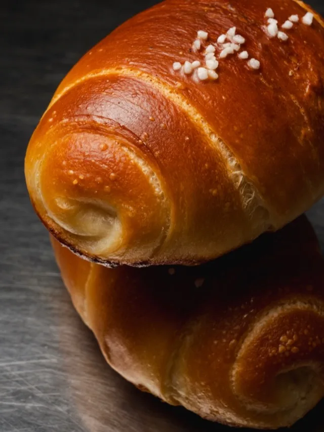Deux salted breads empilés, croûte dorée et perles de sel.